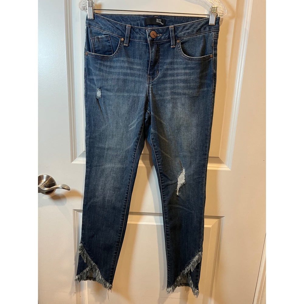 1822 Denim Womens Skinny Jeans Distressed Frayed Tulip Hem Blue Size 8